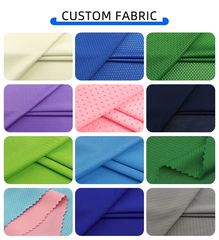 Custom sportswear fabric swatches — moisture-wicking polyester mesh and knit options in multiple colours for soccer jerseys