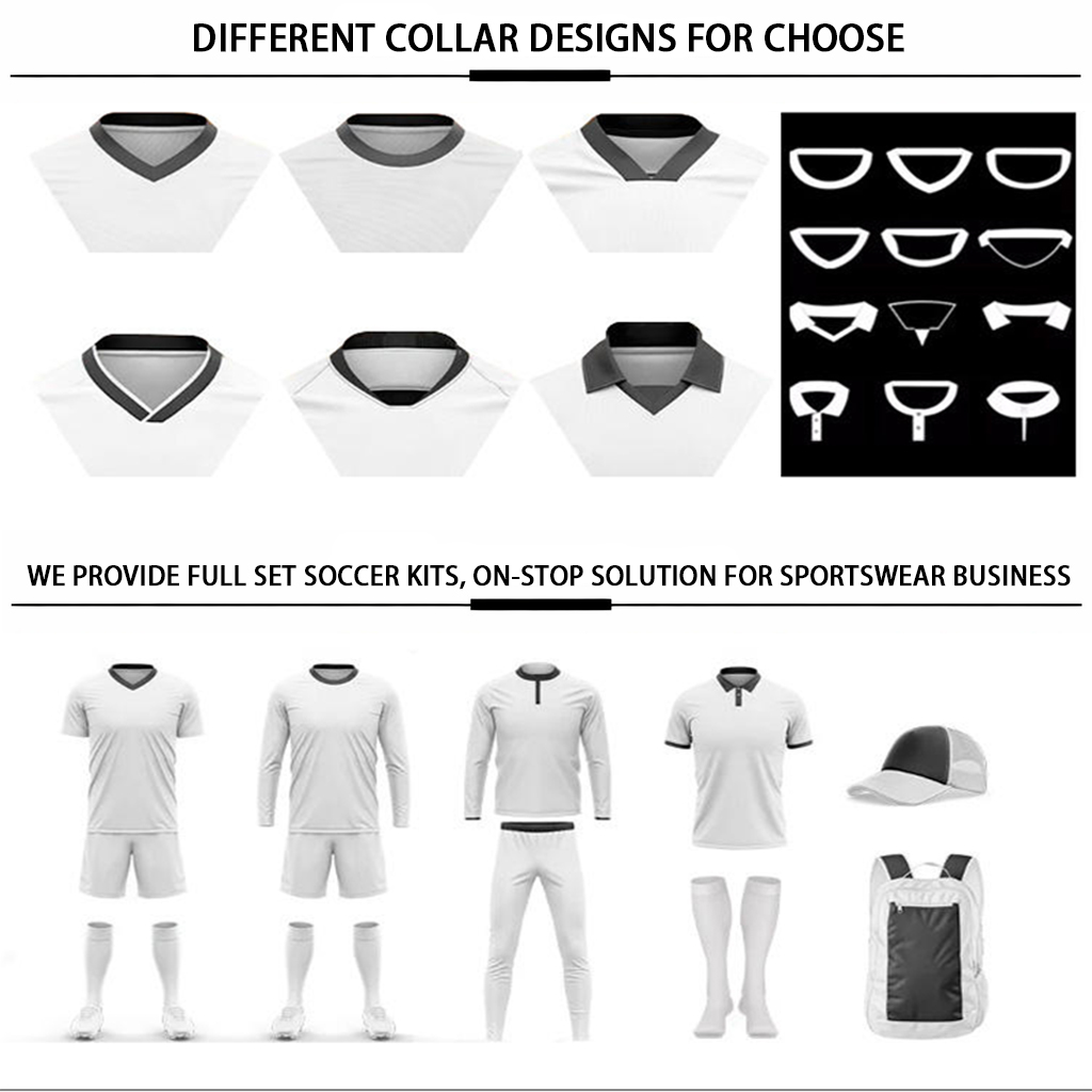 Custom soccer jersey collar style options — V-neck, crew neck and polo collar designs for team kits