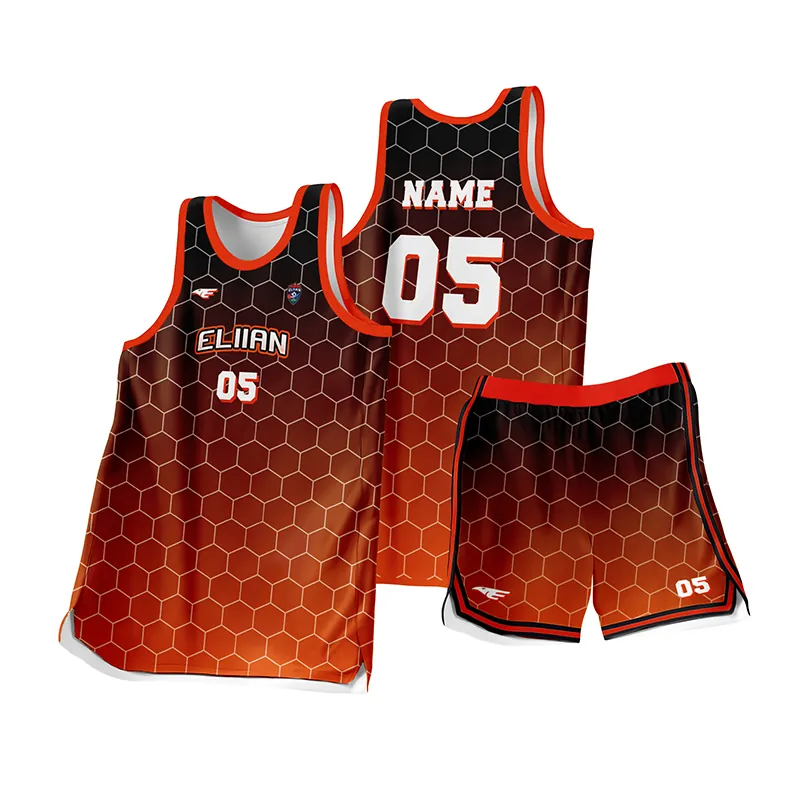 Eliian basketball uniform design mockup: orange and black hexagon jersey and shorts with name and number