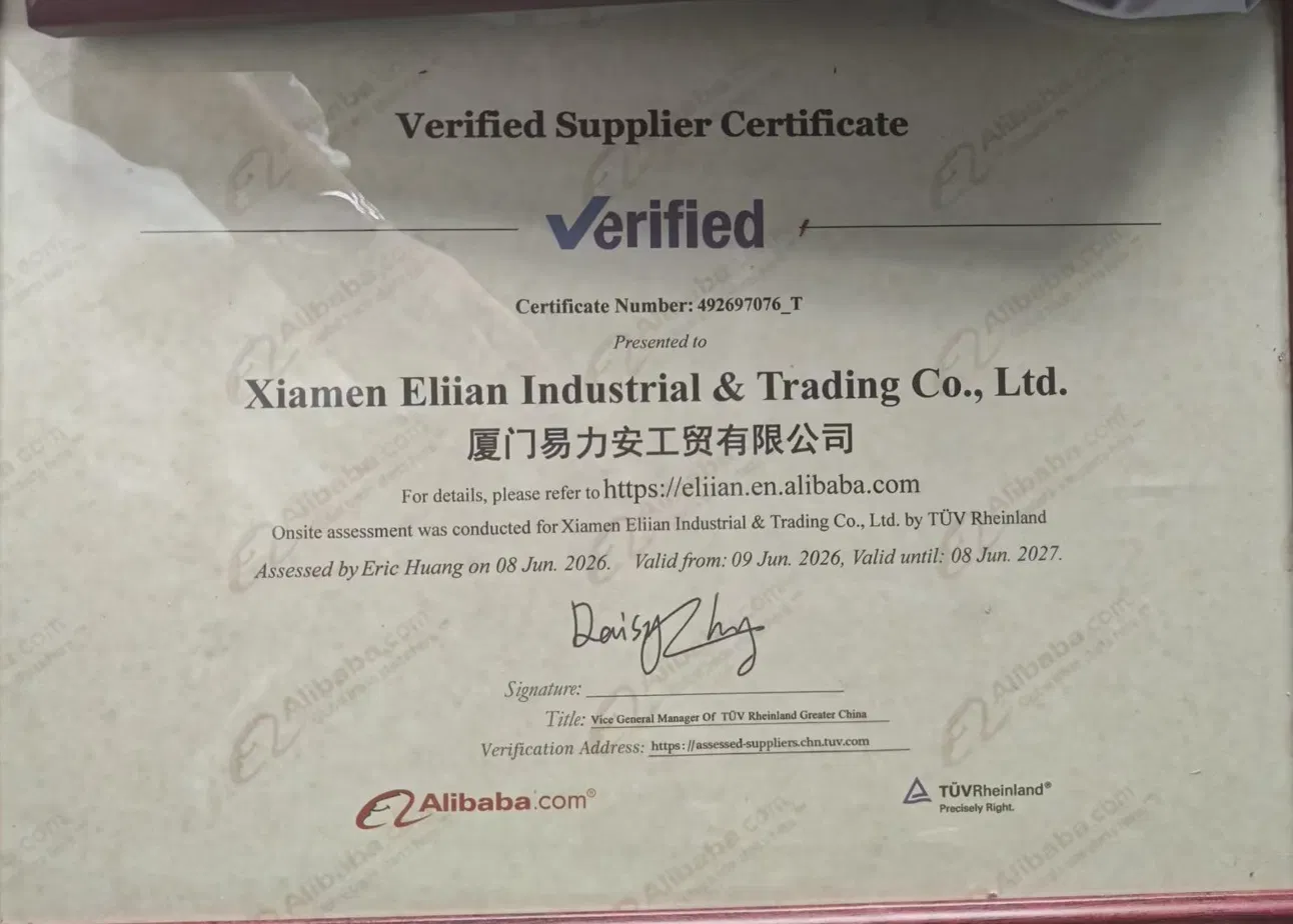 TÜV Rheinland onsite assessment: Alibaba.com Verified Supplier Certificate No. 492697076_T for Xiamen Eliian Industrial & Trading Co., Ltd., assessed 8 June 2026, valid 9 June 2026 to 8 June 2027